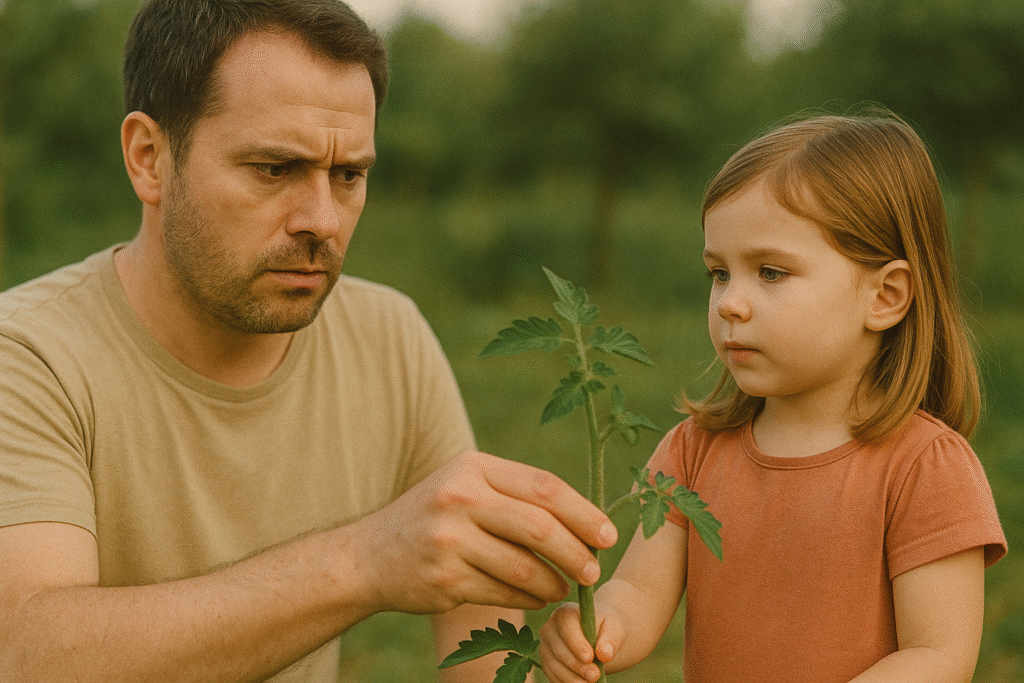 Un père éloignant les feuilles de tomates de sa jeune fille