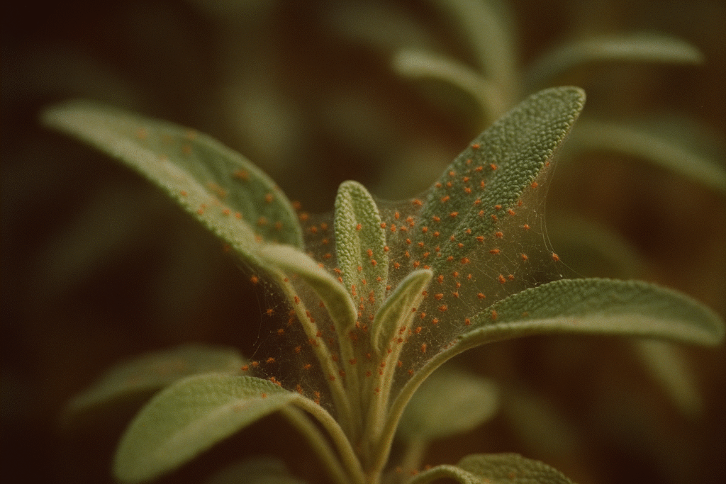 Araignées rouges attaquant une feuille de sauge officinale