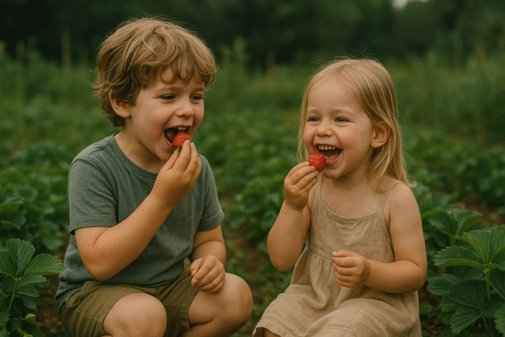 2 enfants dégustant des fraises au potager
