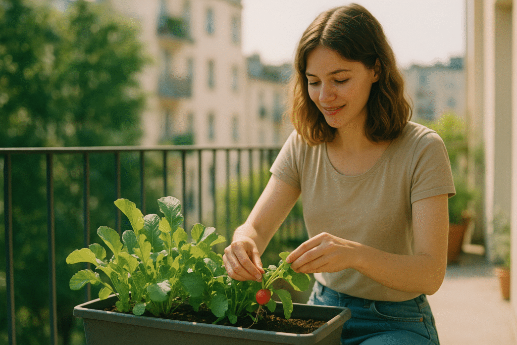 Jeune femme cueillant des radis dans une jardiniere sur un balcon