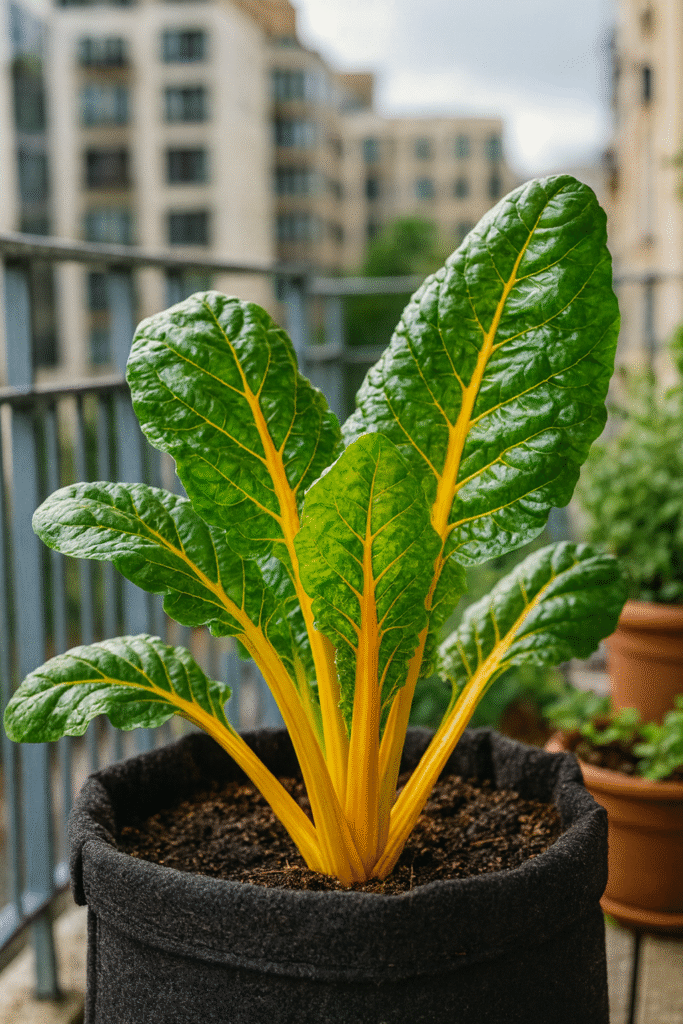 Blettes poussant dans un pot geotextile sur un balcon