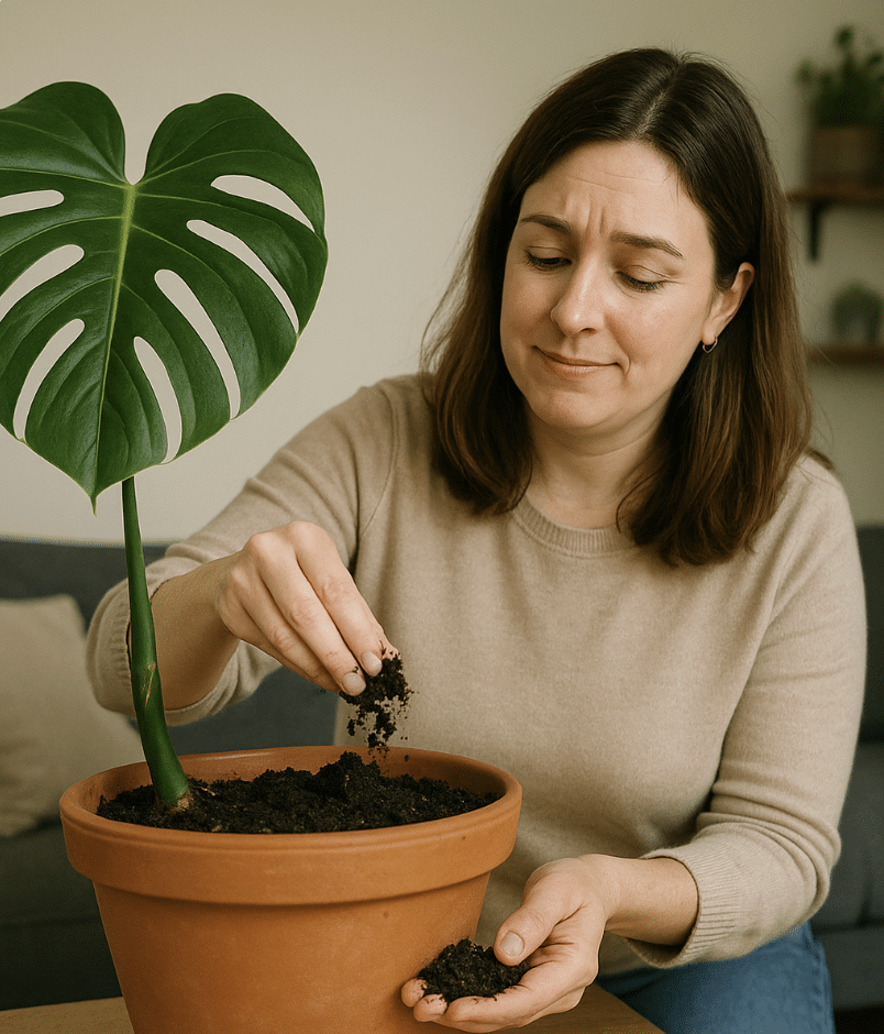 Femme fertilisant une monstera en pot